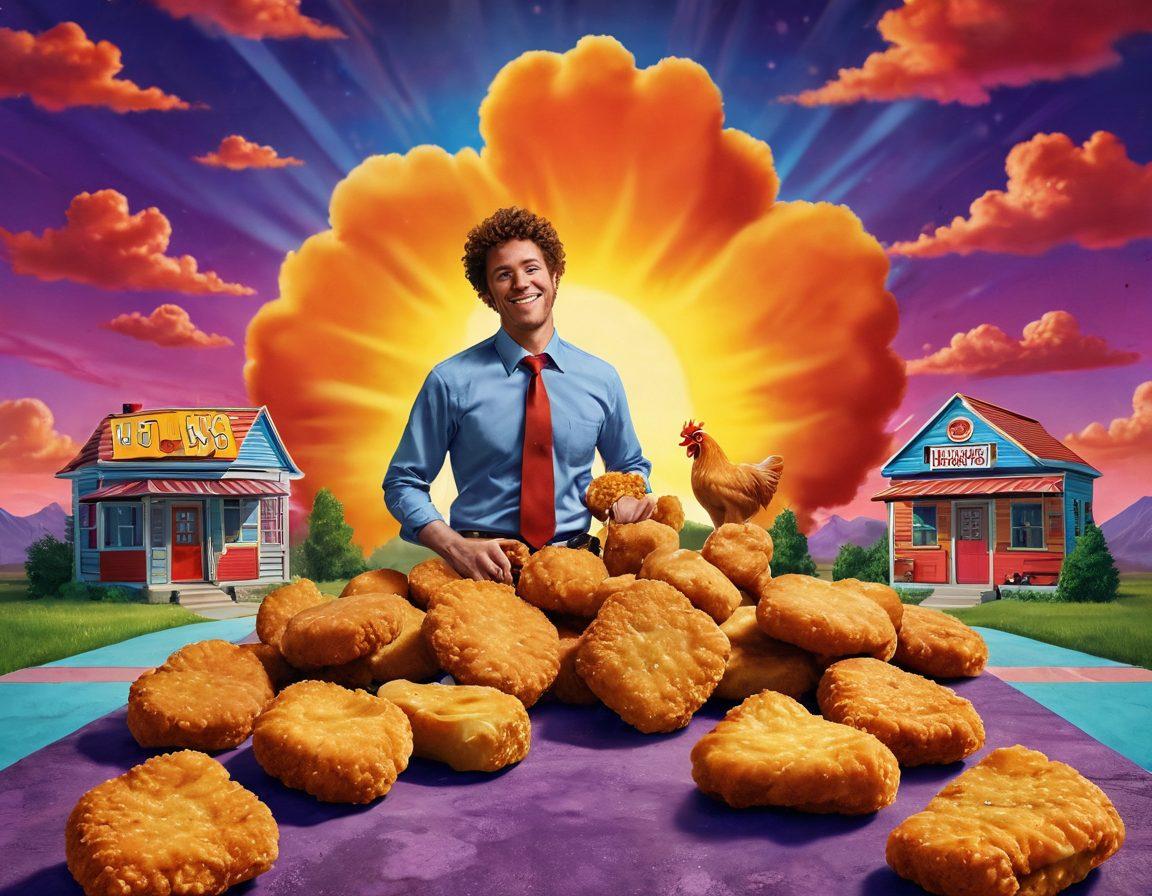 A surreal depiction of an adult film set, featuring whimsical oversized chicken nuggets, with playful curiosity in the air. The background should be a vibrant, colorful blend of textures representing the diverse landscape of adult entertainment, highlighting elements of humor and allure. Include shadows and soft lighting to create an inviting yet provocative atmosphere. cartoonish style. vibrant colors. illustrative.