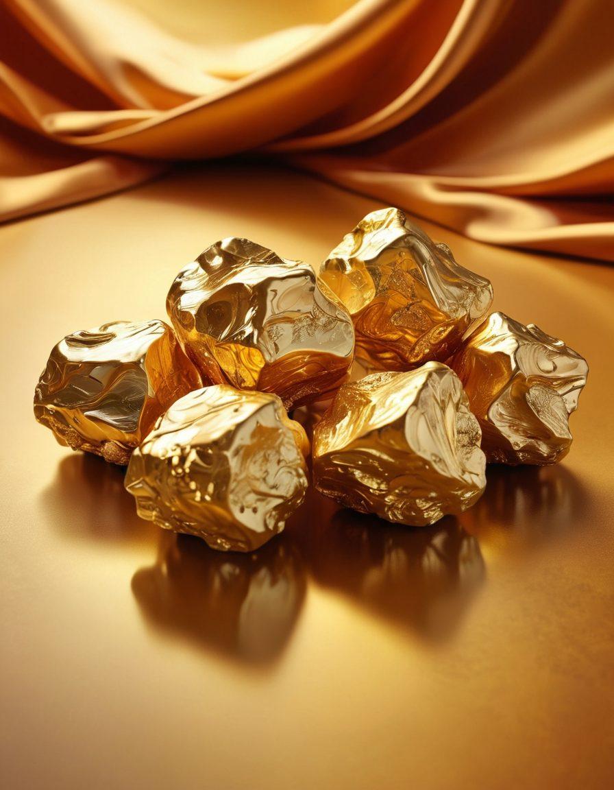 An artistic interpretation of golden nuggets symbolizing wealth and allure, intertwined with sensual elements like flowing silk and subtle shadows, evoking a sense of mystery and fascination. The background features abstract shapes suggesting an adult entertainment atmosphere, combining elegance with curiosity. Warm, rich colors enhance the allure. digital painting. vibrant colors. elegant background.