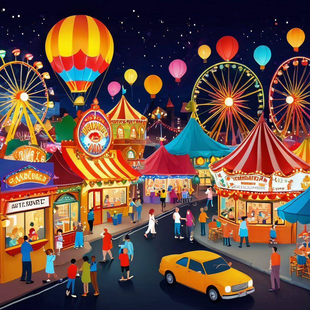 A whimsical representation of a world filled with playful nugget-shaped characters engaging in humorous and light-hearted adult-themed scenarios. The background should feature a vibrant carnival setting, with colorful lights and decorations to evoke a sense of fun and curiosity. Incorporate elements of adult humor subtly, ensuring a friendly and inviting atmosphere. The color palette should be bold and engaging, inviting viewers to explore the quirky charm of the nugget theme. cartoon style. vibrant colors. playful aesthetics.